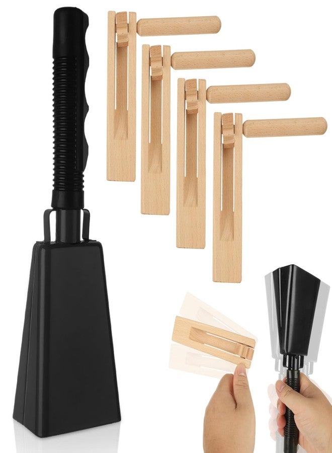 Acrux7 Cow Bell Ratchet, 1Pcs 9 Inch Black Metal Cowbell with Handle and 4Pcs Wooden Spinning Rattle Ratchet Noise Maker, Traditional Matraca Cowbell for Sporting Events, Football Game, Party - Image 1